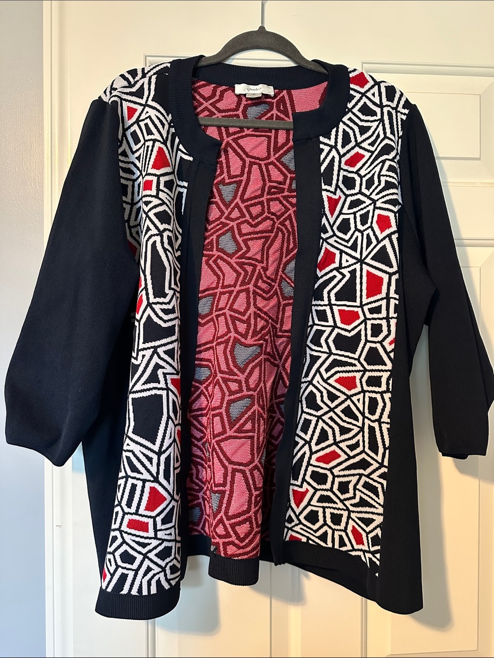 Women’s Open-Front Geometric Pattern Sweater - navy and red CJ Banks 2X